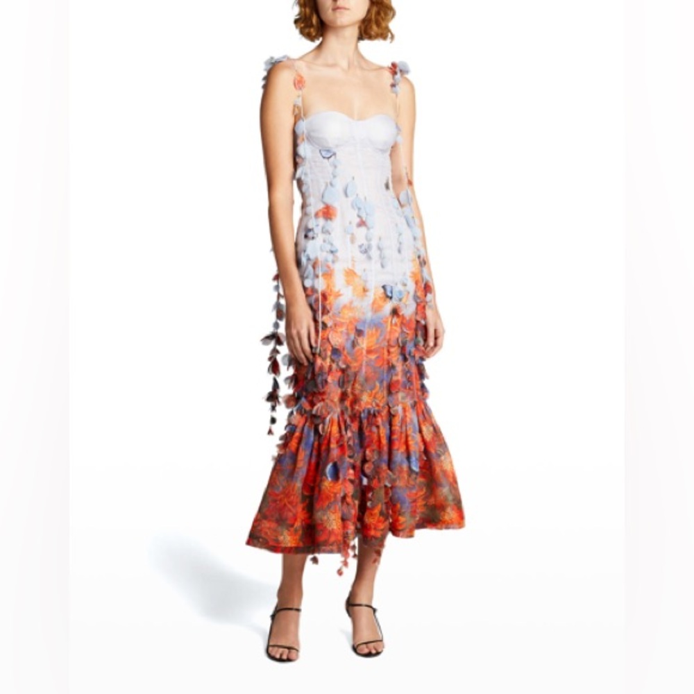 Zimmermann White Bodice Floral Midi Dress with Orange and Blue Ombre